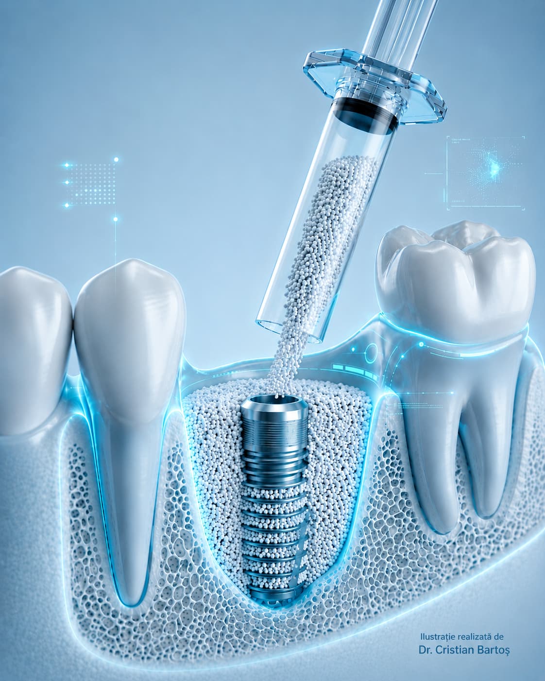 Ilustrație medicală a unui implant dentar în jurul căruia este aplicat material de augmentare osoasă