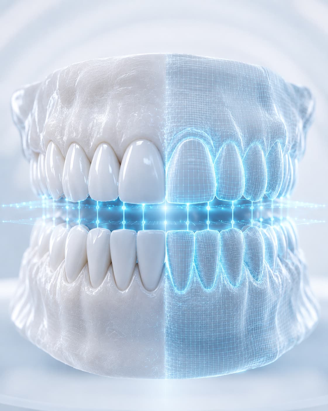 Ilustrație medicală digitală a arcadelor dentare superioară și inferioară în relație ocluzală